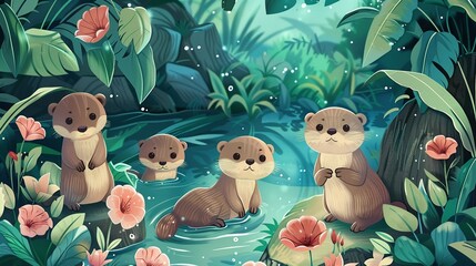Kawaii Art of Curious baby otters exploring a riverbank. - obrazy, fototapety, plakaty