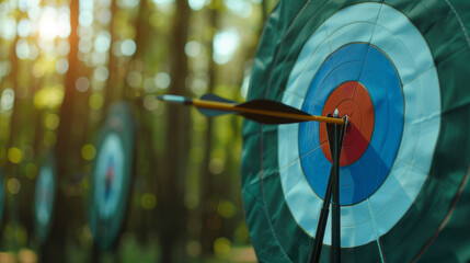 Clear image of a single arrow precisely hitting the center or bulls-eye of an archery target