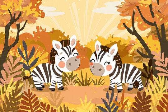 Kawaii Art of Baby zebras frolicking on the savanna.cute wallpaper pattern style