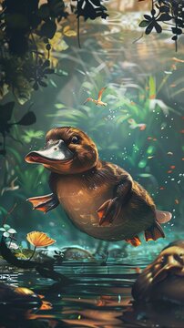 Kawaii Art of Duck-billed platypus swimming in a freshwater stream.