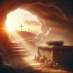 Empty tomb of Jesus at sunrise with crosses in background - obrazy, fototapety, plakaty