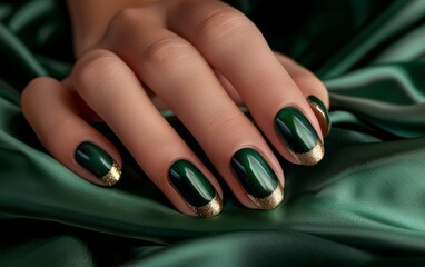 Elegant manicure in emerald and golden colors. Close up of woman's hand. Nail design concept. 