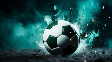 Soccer ball with fire on a dark background, a bright flame symbol background