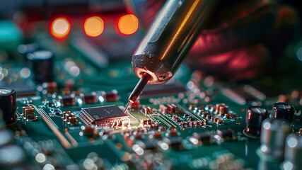 close up of a electronic circuit board, repair of a computer, close up of a computer board soldering with soldering iron by technician - obrazy, fototapety, plakaty
