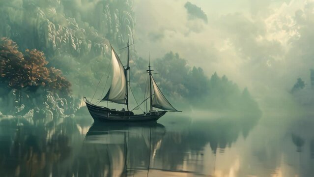 sailboat in the fog landscape. 4k video
