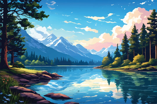 Picture of a mountain lake with a mountain range in the background and a lake in the foreground with a mountain range in the background. vector illustration. Nature landscape.                         