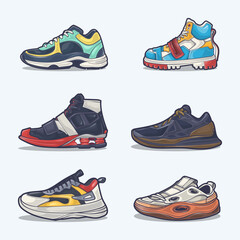 Set collection of shoe cartoon icons, Vector Concept Flat design. Vector illustration Sneakers in flat style. vector sneaker shoes side view.