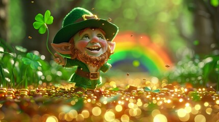 3D Illustrate of Describe the hidden gold guarded by a leprechaun at the end of the rainbow.