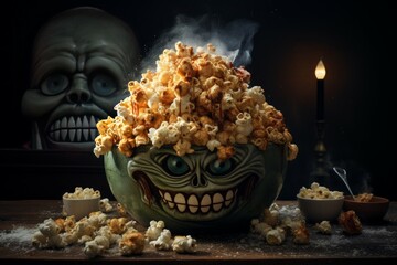 Mouthwatering Monster popcorn. Cartoon cute funny. Generate Ai