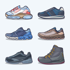 Set collection of shoe cartoon icons, Vector Concept Flat design. Vector illustration Sneakers in flat style. vector sneaker shoes side view.