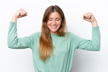 Young caucasian woman isolated on white background doing strong gesture