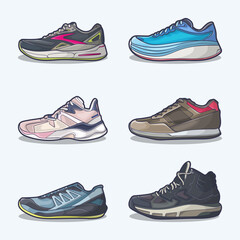 Set collection of shoe cartoon icons, Vector Concept Flat design. Vector illustration Sneakers in flat style. vector sneaker shoes side view.