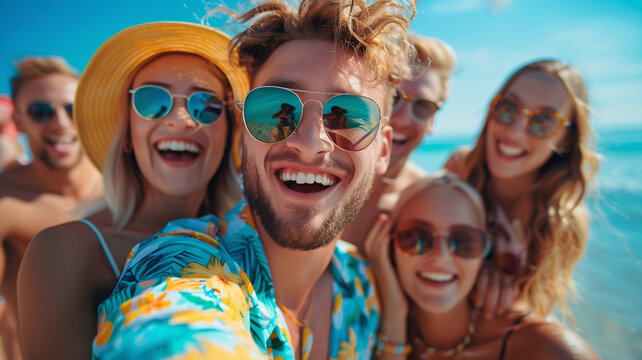 Group of friends taking a selfie on the beach