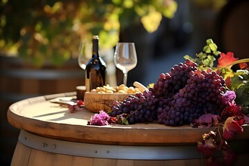 Obraz premium Vintage Vineyard Soiree Wine Barrel Table and Gr
