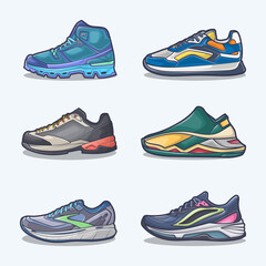 Set collection of shoe cartoon icons, Vector Concept Flat design. Vector illustration Sneakers in flat style. vector sneaker shoes side view.