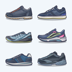 Set collection of shoe cartoon icons, Vector Concept Flat design. Vector illustration Sneakers in flat style. vector sneaker shoes side view.
