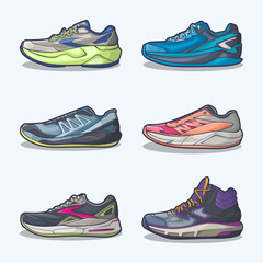 Set collection of shoe cartoon icons, Vector Concept Flat design. Vector illustration Sneakers in flat style. vector sneaker shoes side view.
