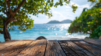A wooden deck overlooking a tropical island with palm trees and clear blue water. - obrazy, fototapety, plakaty