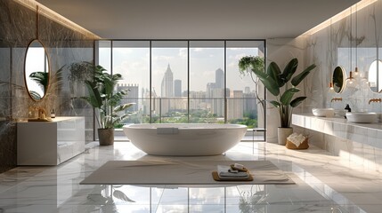 Fototapeta premium Modern Bathroom With Tub, Sink, and Large Window