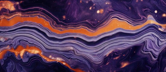 A detailed view of a blue and orange marble showing intricate patterns and colors. The marbles surface is marked by wavy ink-like lines and mottled ripples, creating a luminous and vibrant glow. The