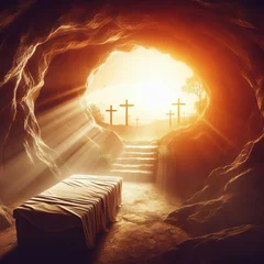 Foto op Plexiglas Empty tomb of Jesus at sunrise with crosses in background © Sumon