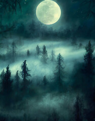 Abstract seamless Fog over the mystical forest on a moonlit night. Horizontal illustration