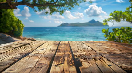 A wooden deck overlooking a tropical island with palm trees and clear blue water.