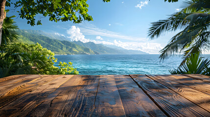 A wooden deck overlooking a tropical island with palm trees and clear blue water.