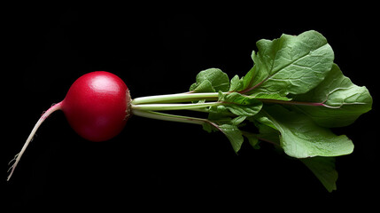 Red radish with green stem isolated on black background. copy space. generative ai