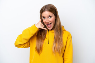 Young caucasian woman isolated on white background making phone gesture. Call me back sign