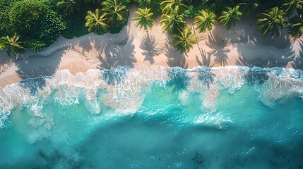 Top view of the beach of a tropical island. Tropical beach with palm trees washed by the ocean or sea
