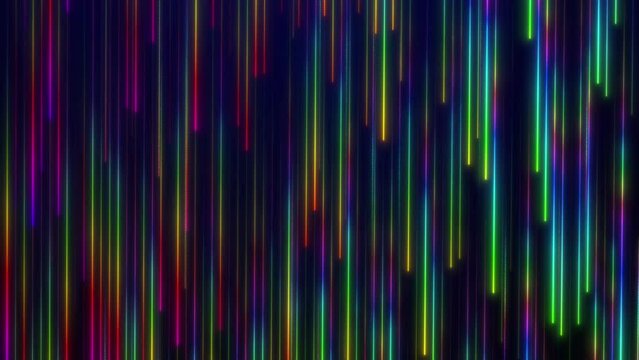 Futuristic neon light abstrack falling in rainbow colors, glowing neon lines, green red pink purple spectrum
