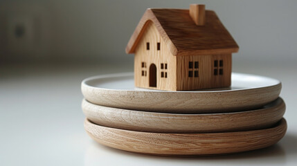 Tiny Wooden House Atop White Dishware, Eco-Friendly Home Decor