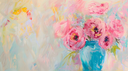Pink flowers in blue vase on table, a beautiful bouquet painting
