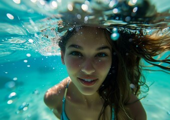 Youthful Girl Smiling Underwater in Crystal Clear Blue Pool