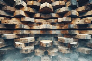 Symmetrical Perspective of Wooden Pallets Stacked in a Warehouse with Reflective Floor