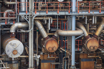 Exchanger afternoon of tank oil refinery pipeline plant steam vessel and column tank oil - obrazy, fototapety, plakaty