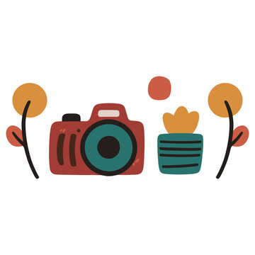 Doodle art set of summer vacation, flowers, camera illustration, simple minimalistic vector doodle art