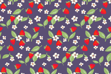 Summer colorful seamless pattern with stylized abstract red berries strawberries, simple flowers, shapes leaves. Vector hand drawn doodle sketch. Collage for designs, children textiles, printing