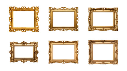 Collection of antique gold picture rectangular frames isolated on a transparent background, PNG