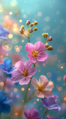 Fototapeta na wymiar Magical meadow, full of blossoming spring flowers. Vertical banner, smartphone, tiktok or instastory background, greeting card