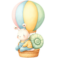 cute watercolor animals in hot air balloon