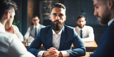 Attractive handsome businessman talking to his business partners during meeting in expensive restaurant. Web banner template with copy space.