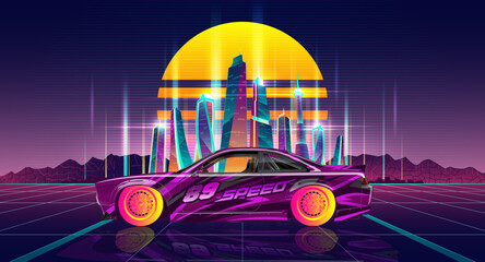 Retro futuristic sports racing car on the background of night city landscape. The car of the future. Vintage 80s style poster. - obrazy, fototapety, plakaty