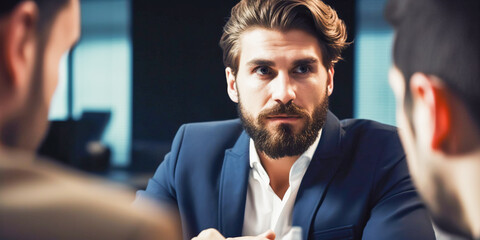 Illustration of business conference in boardroom interior background. Handsome bearded businessman listening to colleagues and looks serious and attentive. - obrazy, fototapety, plakaty