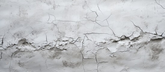 A black and white photograph showcasing a cracked wall. The texture of the white cement is visible through the cracks, adding a sense of decay and wear to the structure.