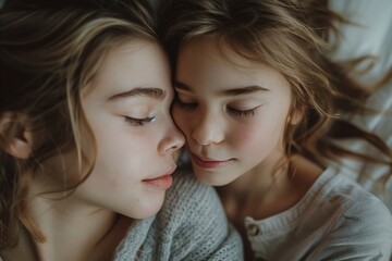 Young couple embracing tenderness sensuality affection feeling with love bonding, girls sleeping together in bed, emotional lover LGBTQ intimate romantic relationship, girlfriend with partner concept