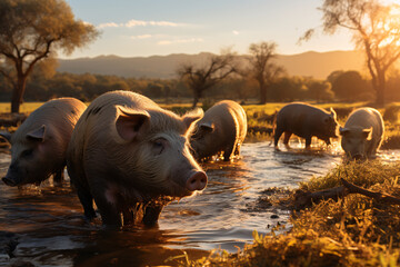 Iberian Pigs in the nature Eating - obrazy, fototapety, plakaty