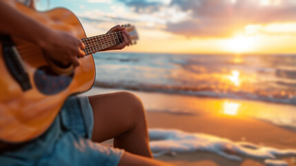 Guitar player enjoys the ocean's lullaby. - obrazy, fototapety, plakaty