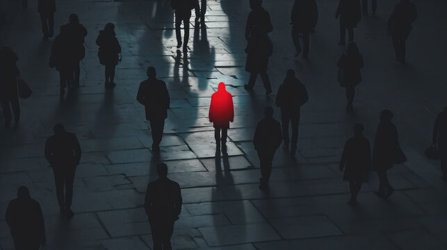 A silhouetted image featuring multiple people walking, with one person highlighted in red, symbolizing leadership or being different among others. Ai generative